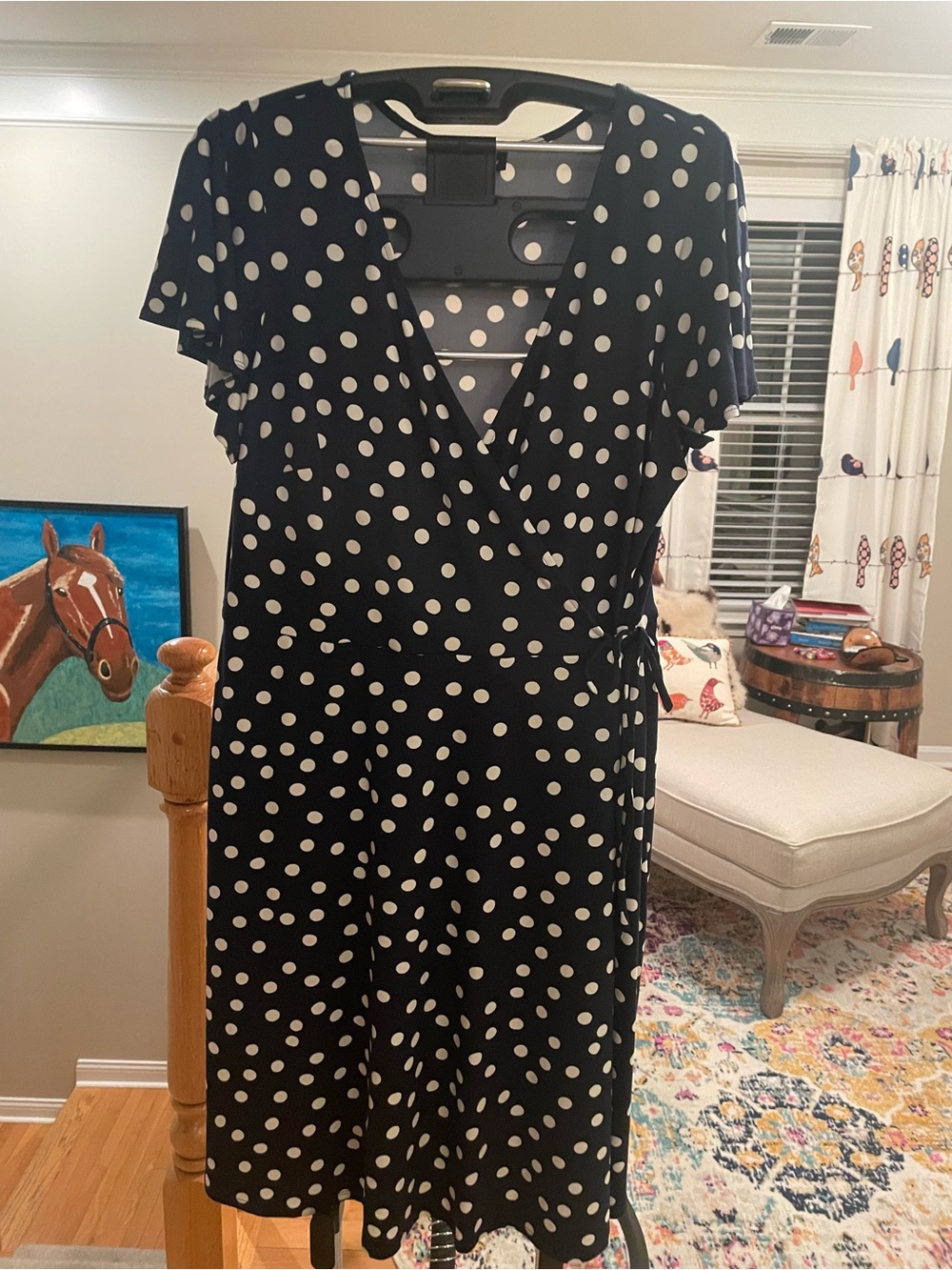 Women's Dark Navy Polka Dot Faux Wrap Dress